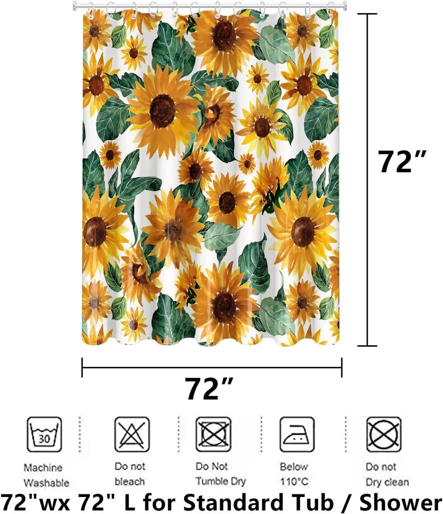 Sonnenblumen Duschvorhang - Aquarell Sonnenblume & Grüne Blätter Bauernhaus Badezimmerdeko, Rustikal Floral