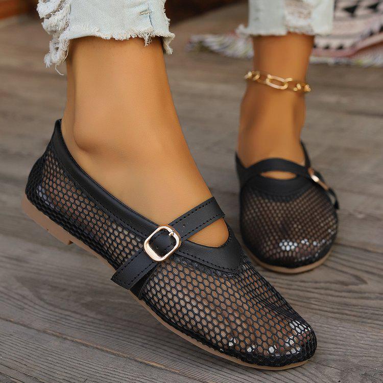 Women's Summer Hollow Mesh Mary Jane Flat Sandals with Round Toe and Buckle Strap