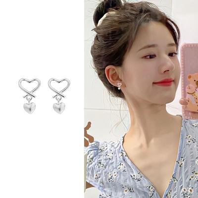 S925 Silver Plated Stud Hollow Love Stud Female Soft Sister Artistic Simple Version of Small Water Drop Heart-shaped Earrings