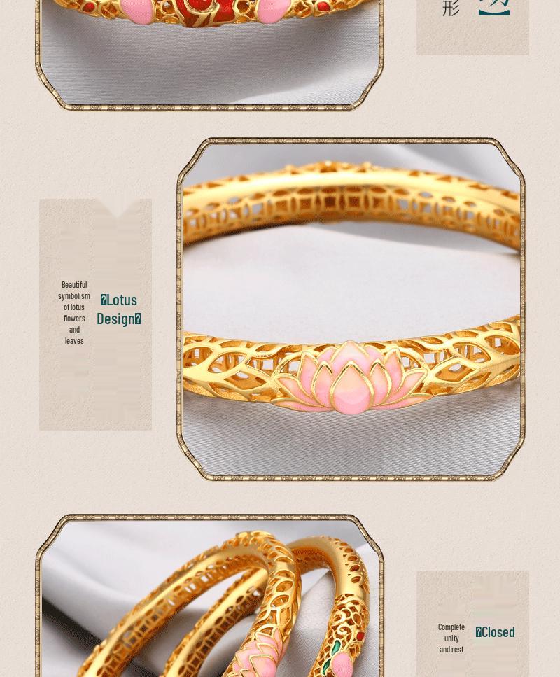 Vietnamese Sand Gold Enamel Lotus Bracelet – Brass, Gold-Plated, Hollow Design with Painted Lotus Leaf & Flower, Women's National Trend Style.