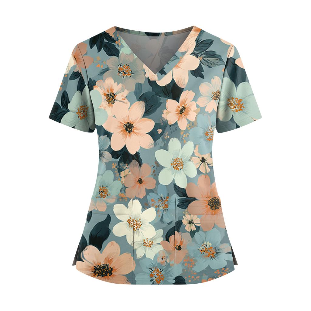 Women's floral print V-neck double pocket short-sleeved uniform/caregiver top with slits at the hem
