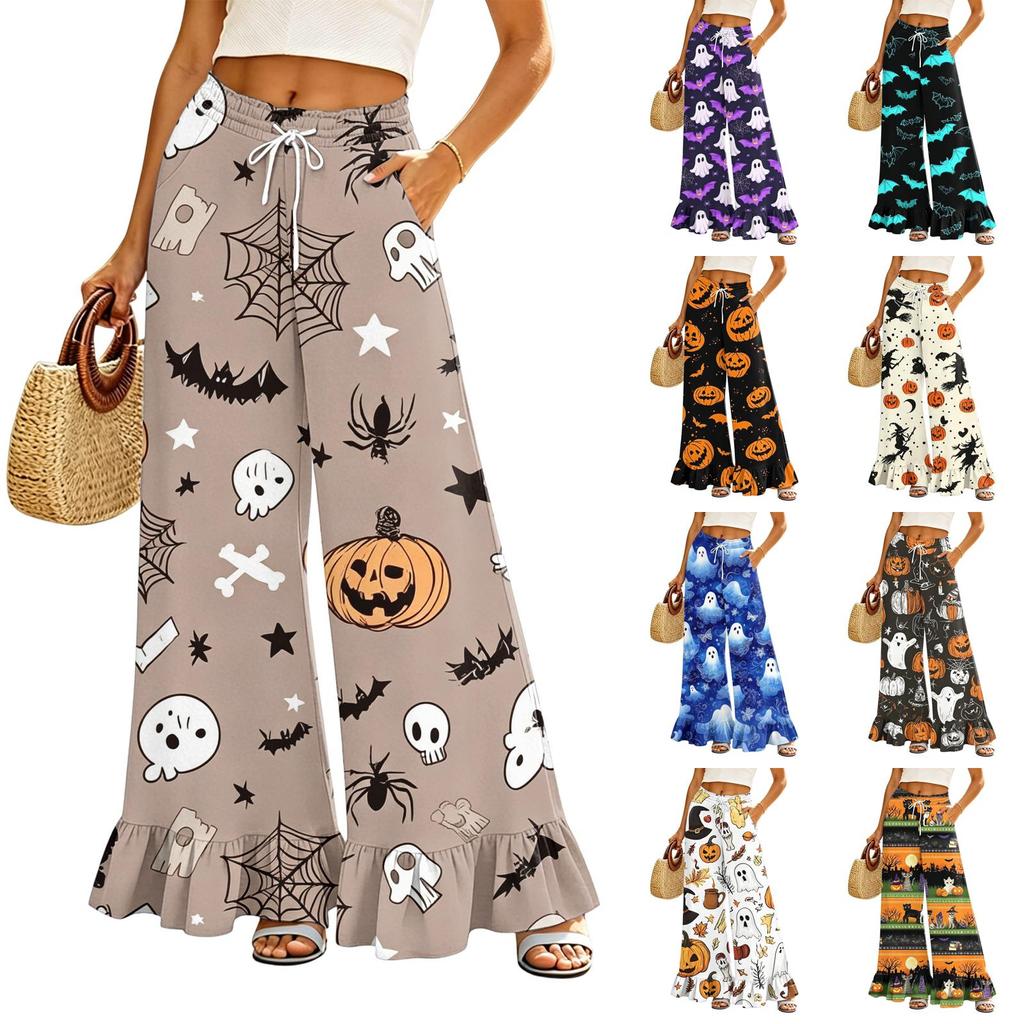 Women's Wide Leg Pants with Pockets High Waist Drawstring Floral Print Loose Casual Long Trousers Ruffled Hem