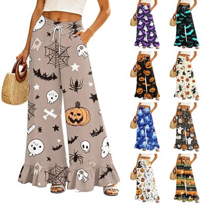 Women's Wide Leg Pants with Pockets High Waist Drawstring Loose Fit Casual Long Trousers Floral Print Ruffle Hem