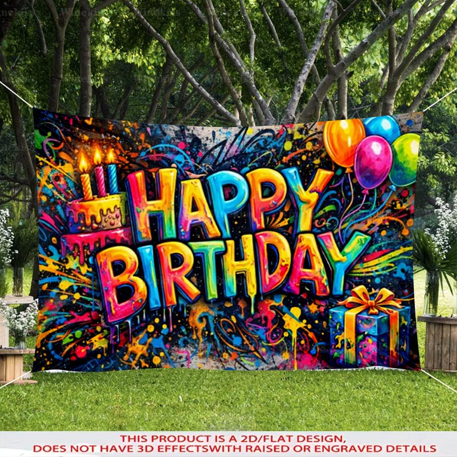 1pc 2D Flat Graffiti Happy Birthday Backdrop Banner Colorful Birthday Theme Decor For Garden Patio Indoor Outdoor Party Celebration Photo