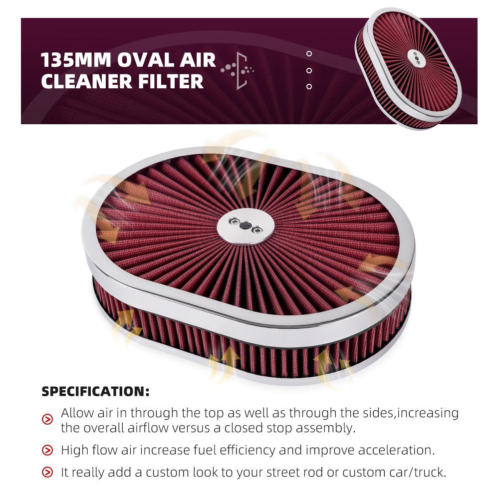 Hoher Durchfluss Chrom 12"x2" Ovaler Luftfilter-Gehäusebausatz 5-1/8" Vergaserhals mit Durchflussdeckel für GMC Chevy Ford Chrysler Dodge