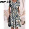 IHUASU 30 Color Pleated Midi Dress Short Sleeve Round Neck Loose Hem Mid-Calf Length Women Floral A-Line Party Dress Casual Wear