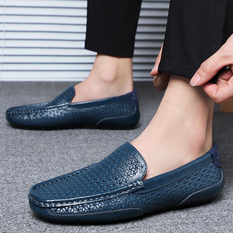 Men Casual Shoes Luxury Brand Summer Genuine Leather Mens Loafers Moccasins Hollow Out Breathable Slip On Driving Shoes