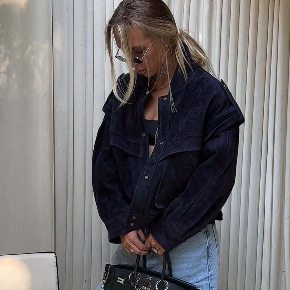 2025 Autumn/Winter European & American Melaude Suede Long Sleeve Pocket Loose Jacket for Women