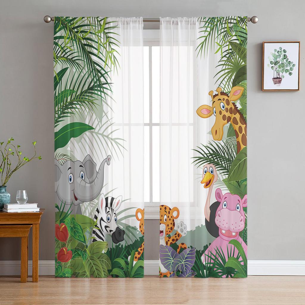 Forest Animal Cartoon Fox Deer Bear Tulle Sheer Window Curtains for Living Room Kitchen Children Bedroom Voile Hanging Curtain