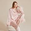 Pigiama da Donna Rosa con Polsini in Piume di Struzzo, Set in Raso, Pantaloni a Manica Lunga, Elegante Stile Francese, Morbido Loungewear Effetto Seta