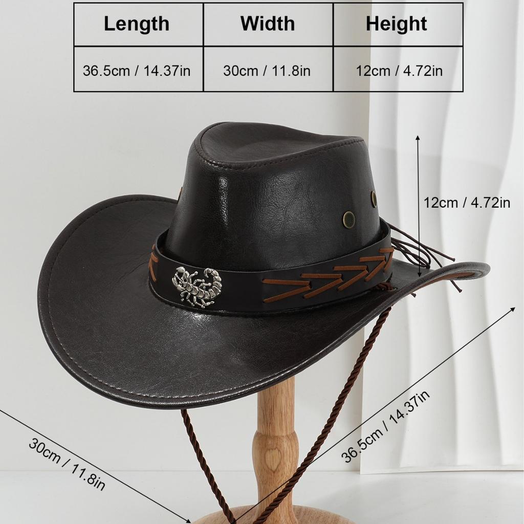 Men's and Women's French PU Leather Cowboy Hats, Unique Metal Scorpion Braided Rope Belt Accessories, Suitable for Competitive Activities