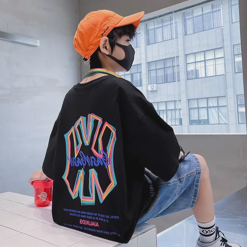 

Весна 2024 г. Трендовые хлопковые футболки для мальчиков – уличная одежда с короткими рукавами для больших детей 140 cm чёрный