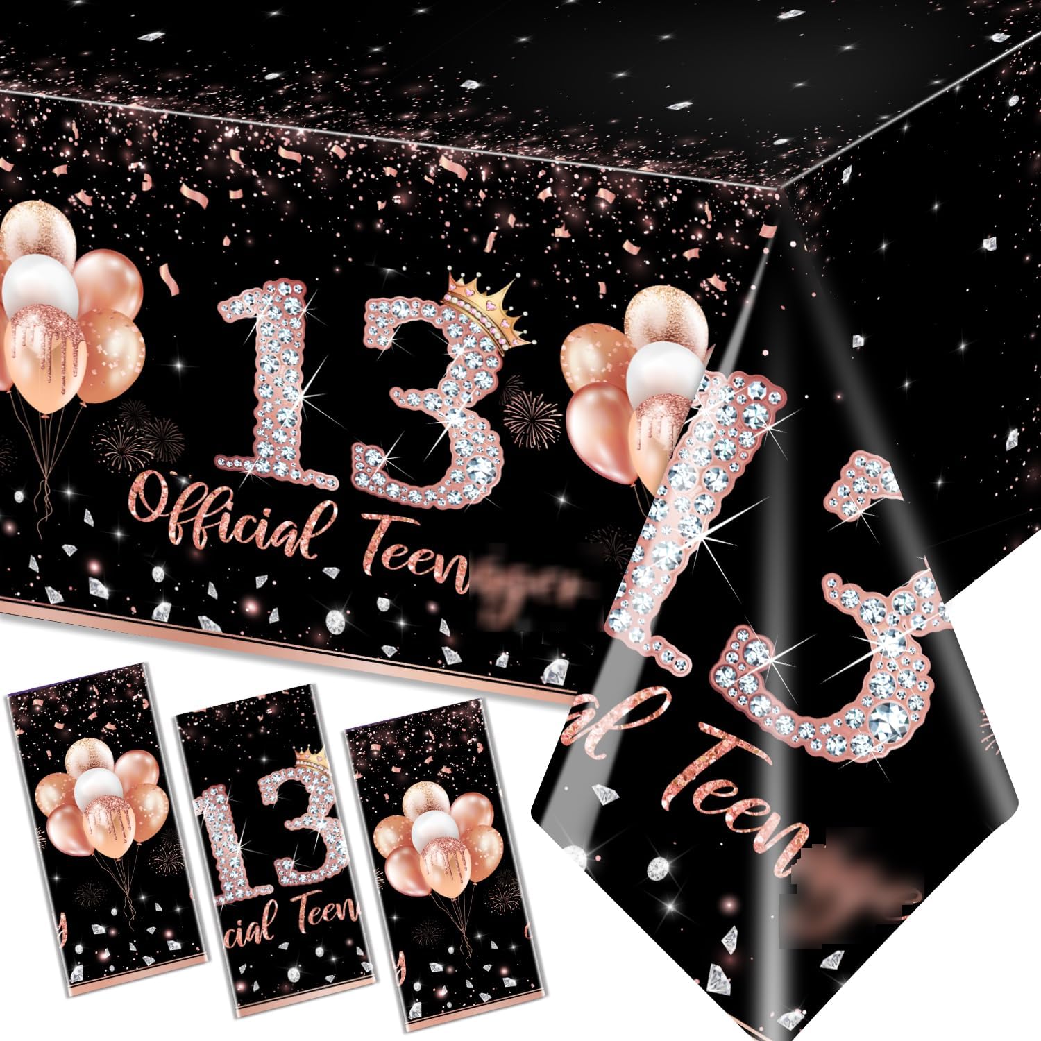 GREHUMOR 3Pcs 13th Birthday Tablecloth Party Decorations for Girls Rose Gold 13 Year Old Birthday Party Supplies Table Cover Thirteen Birthday 13th