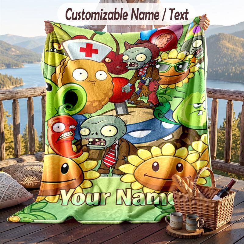 Plants vs. Zombies Flannel Blanket, Personalized Custom Name Text, Soft Warm Plush Throw Blanket For Gift