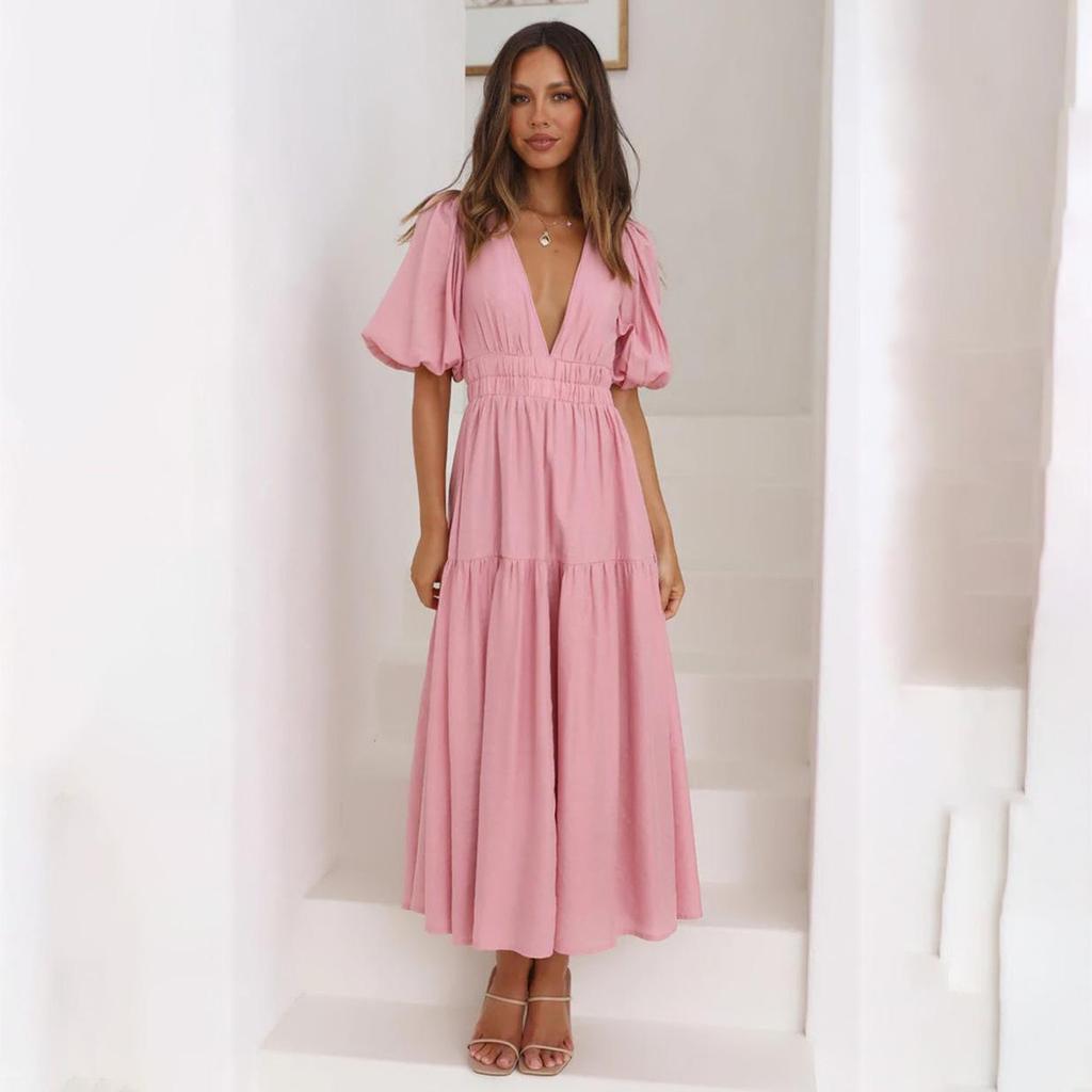 Dámské jarní jednobarevné šaty s krátkým nabíraným rukávem letní ležérní šaty s výstřihem do V a vysokým pasem ke kotníkům S-XL