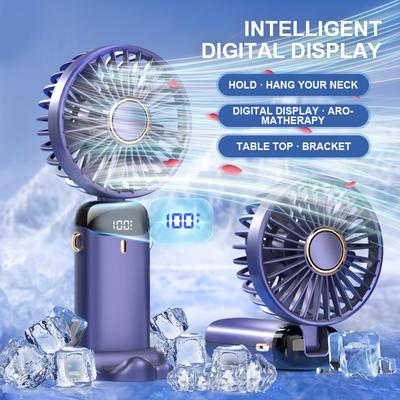 Handheld Mini Fan with Phone Holder 5 Speed USB Charging Foldable Portable Neck Hanging Fan with Display Screen
