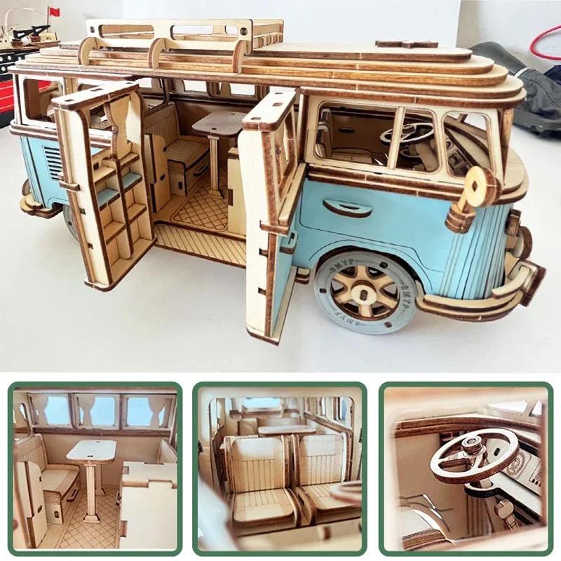 Retro Autobus Kamper w Stylu Europejskim Drewniana Układanka Samochodzik 3D Model DIY Rozwijanie Zdolności Manualnych Układanki Dla Dzieci