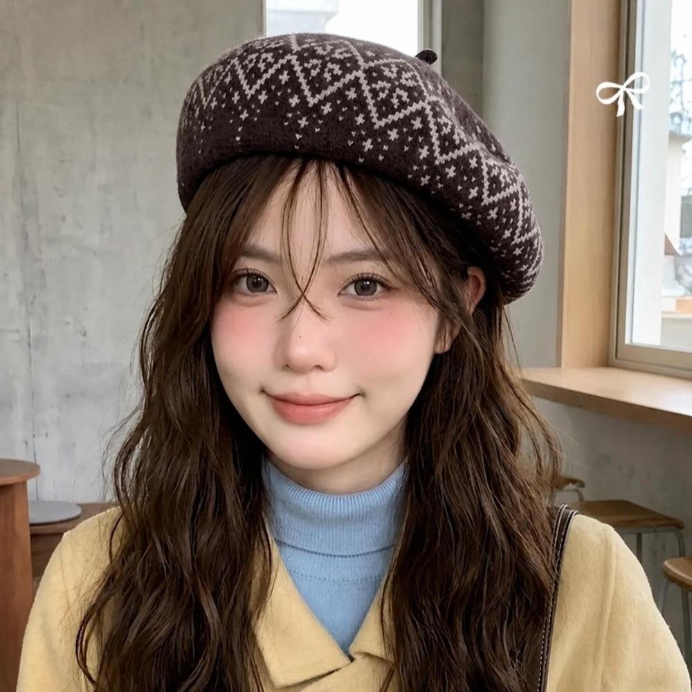 Keep Warm Beret Hat Retro Pattern Kintted Hat Retro Fashion Hat Autumn