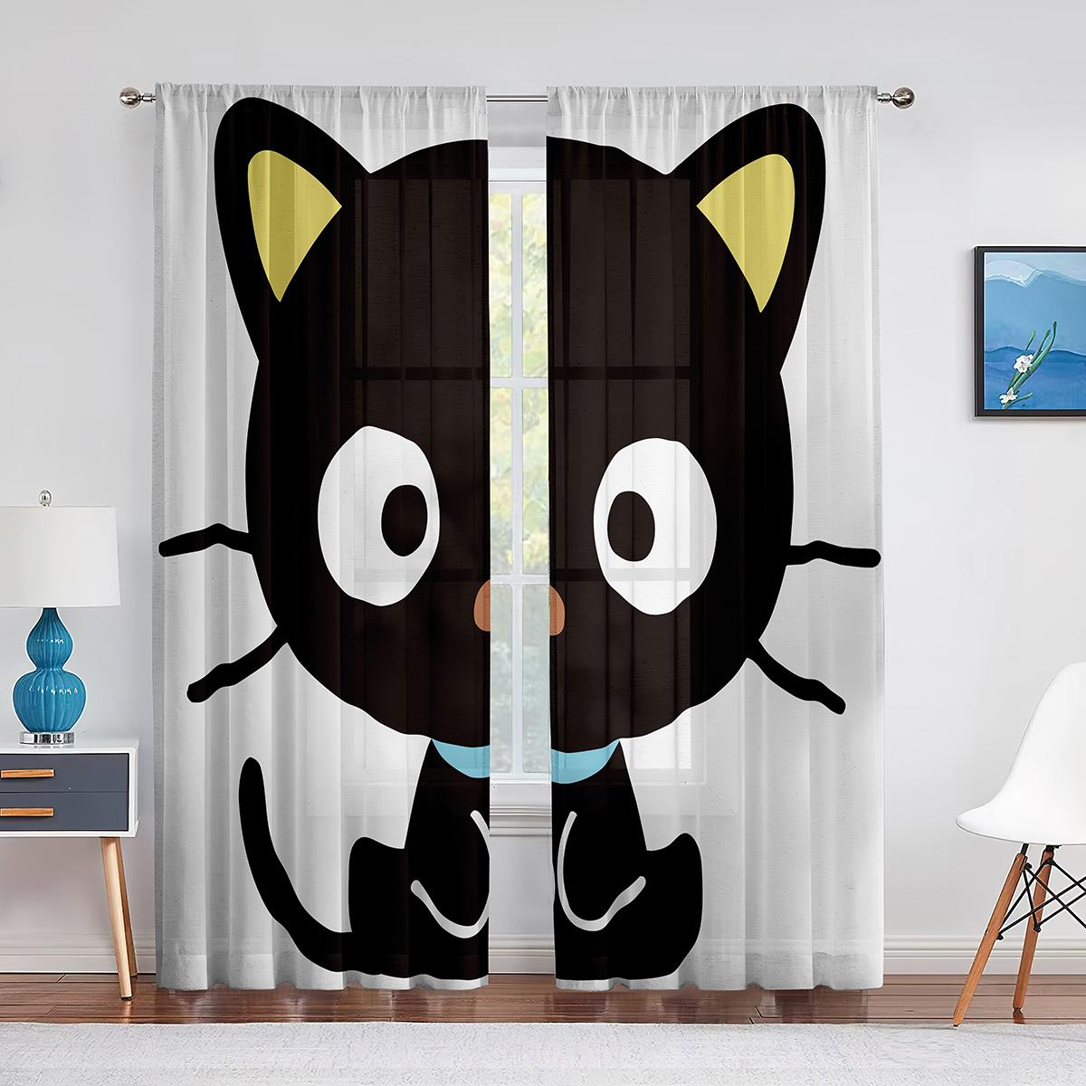 Прозрачные шторы с милым котом в стиле фэнтези для гостиной — фото 15