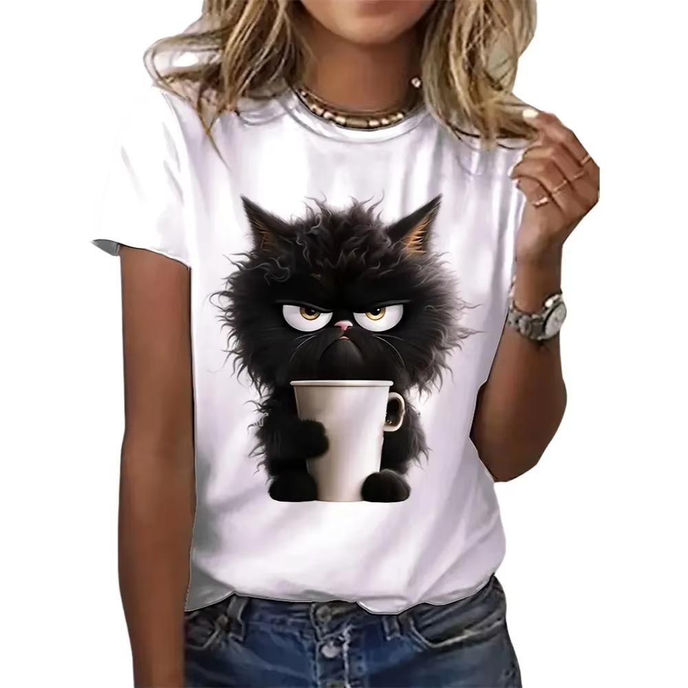 Women's Summer White Printed T-Shirt Girls Casual Short Sleeve O-Neck Top Summer Women's Animal Clothing Couples Clothing