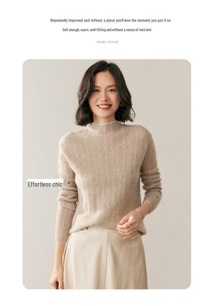 Women's Cashmere Knit Sweater: Retro Slim-Fit, Half-High Collar, Versatile Solid Color for Autumn & Winter.