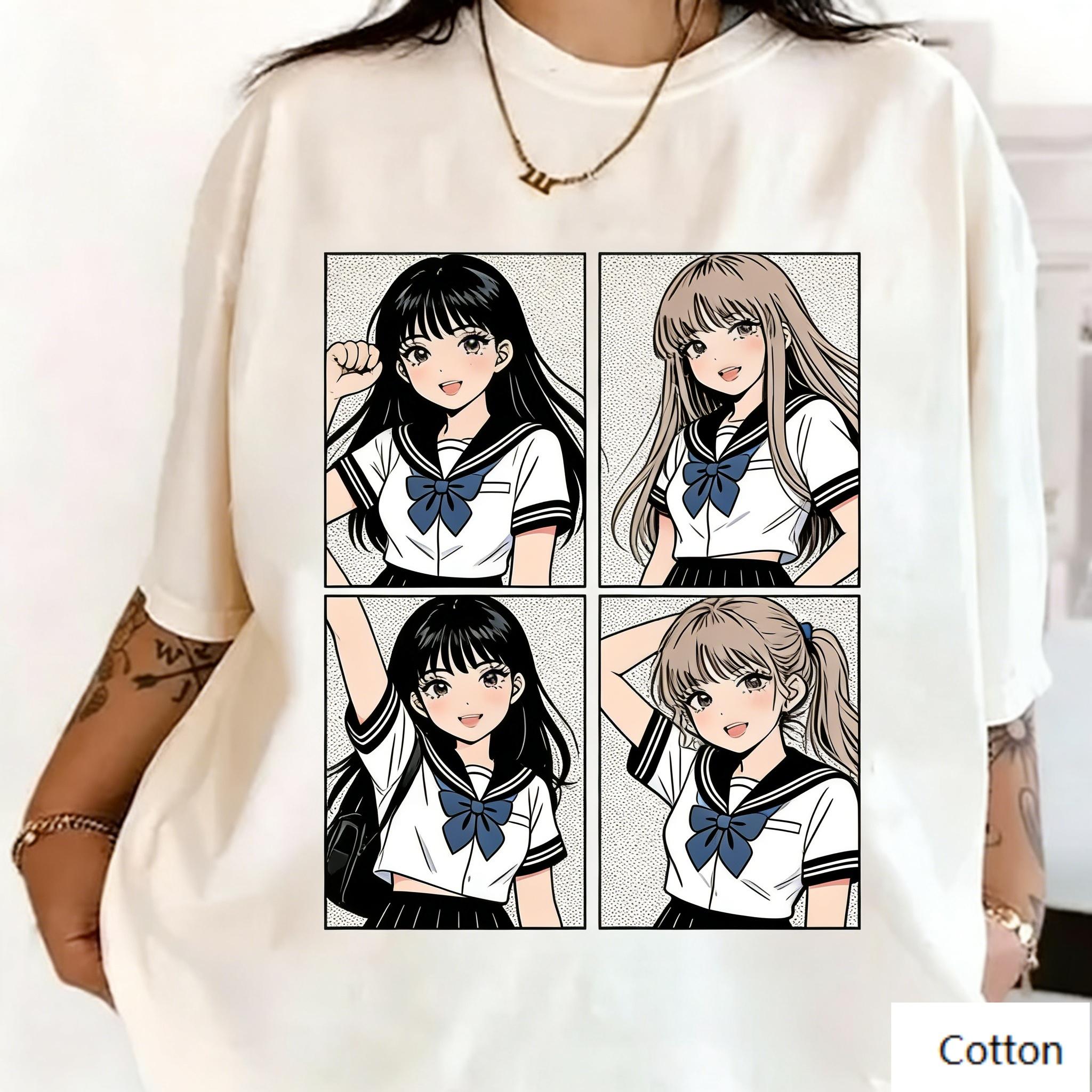 

Retro Anime Girl Print Cotton Tee Neutral Fresh Streetwear Loose Casual Short Sleeve T Shirt for Unisex Women M