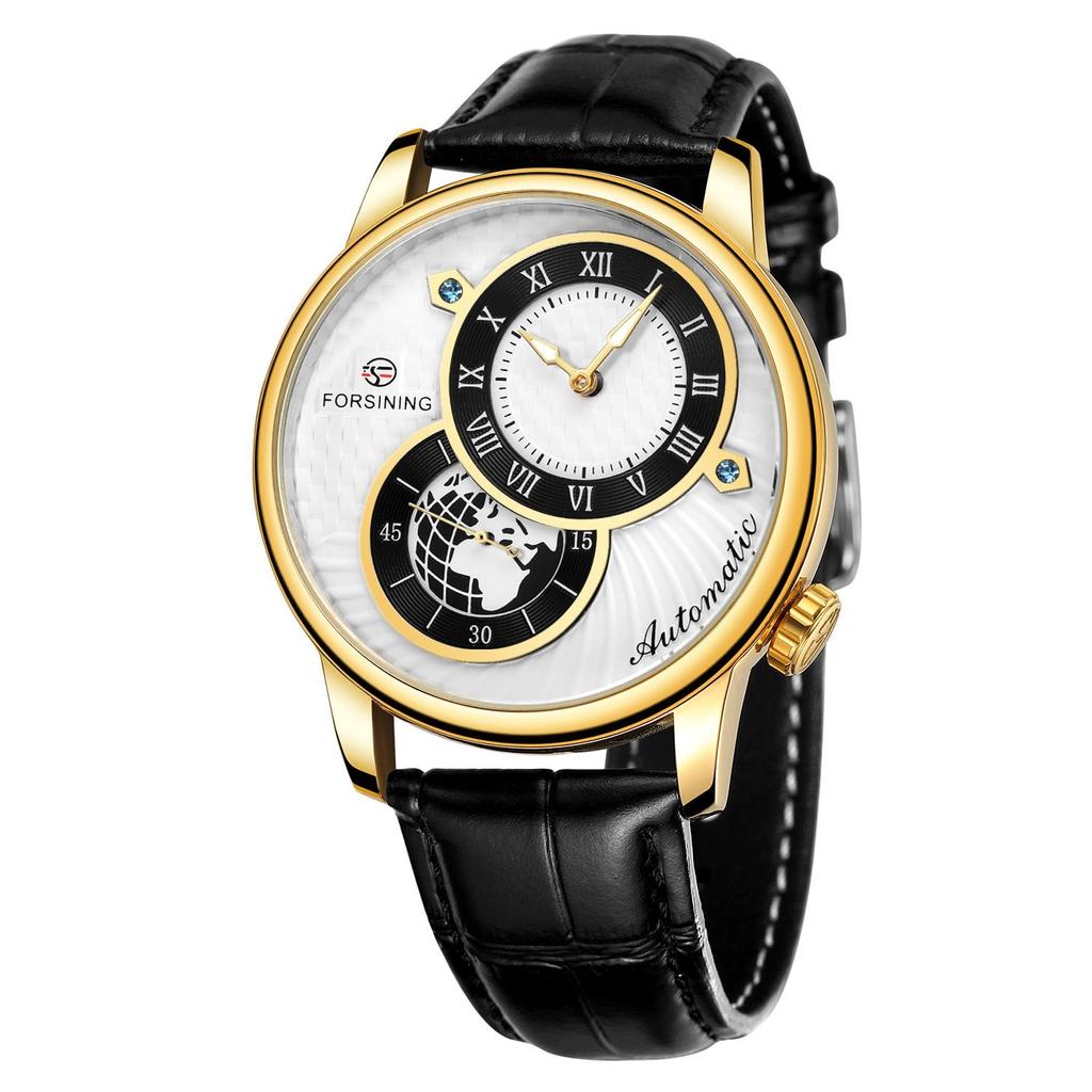 Forsining Men' S Mechanical Watch Fashion Double Dial Automatic Winding Men Wristwatches Sport Genuine Leather Clock For Man