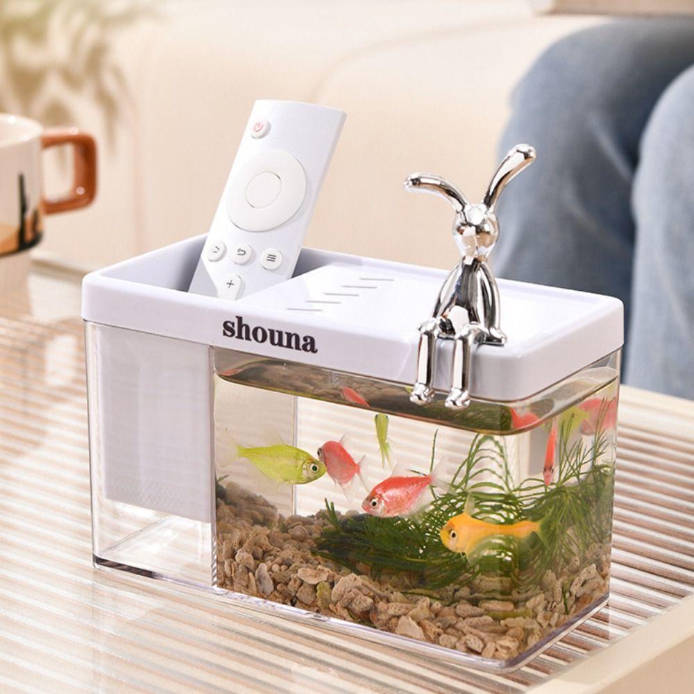 Plastic Amphibious Ecological Tank Small with Cover and Rabbit Ornaments Fish Tank Multi-functional Transparent Goldfish Bowl