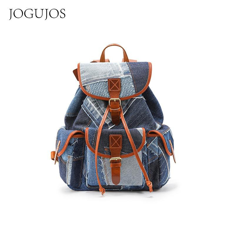 

JOGUJOS оригинальный новый женский рюкзак из денима с клапаном из кожи растительного дубления, женская сумка, повседневный рюкзак