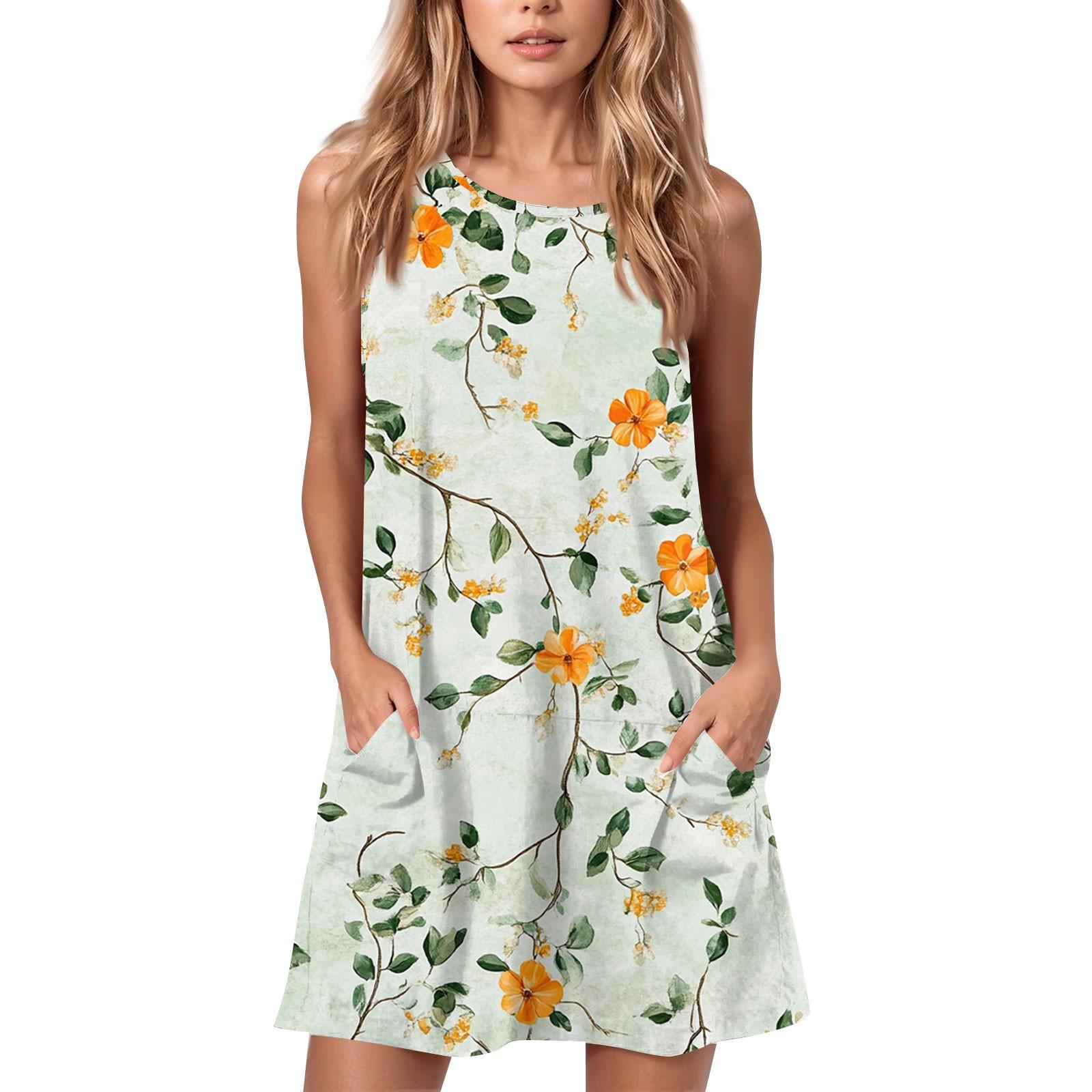 

Женское летнее повседневное платье с круглым вырезом и принтом, платье без рукавов с карманами S