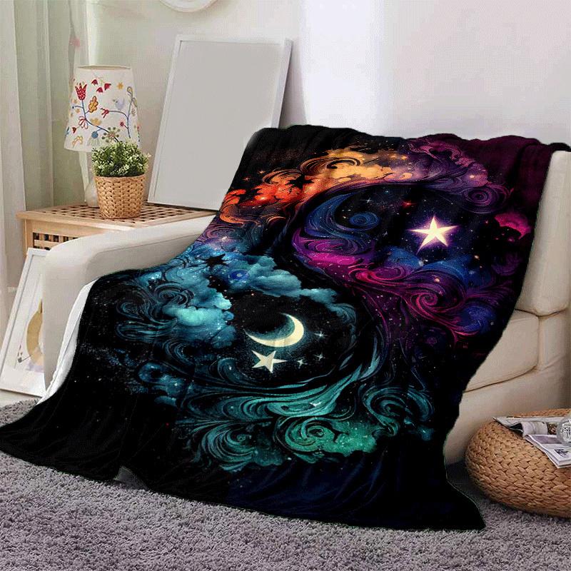 1pc Moon and Stars Printing Lightweight Flannel Blanket, Comfortable and Warm Blanket, for Camping Sofa Bed and Couch Office, Suitable for Gi