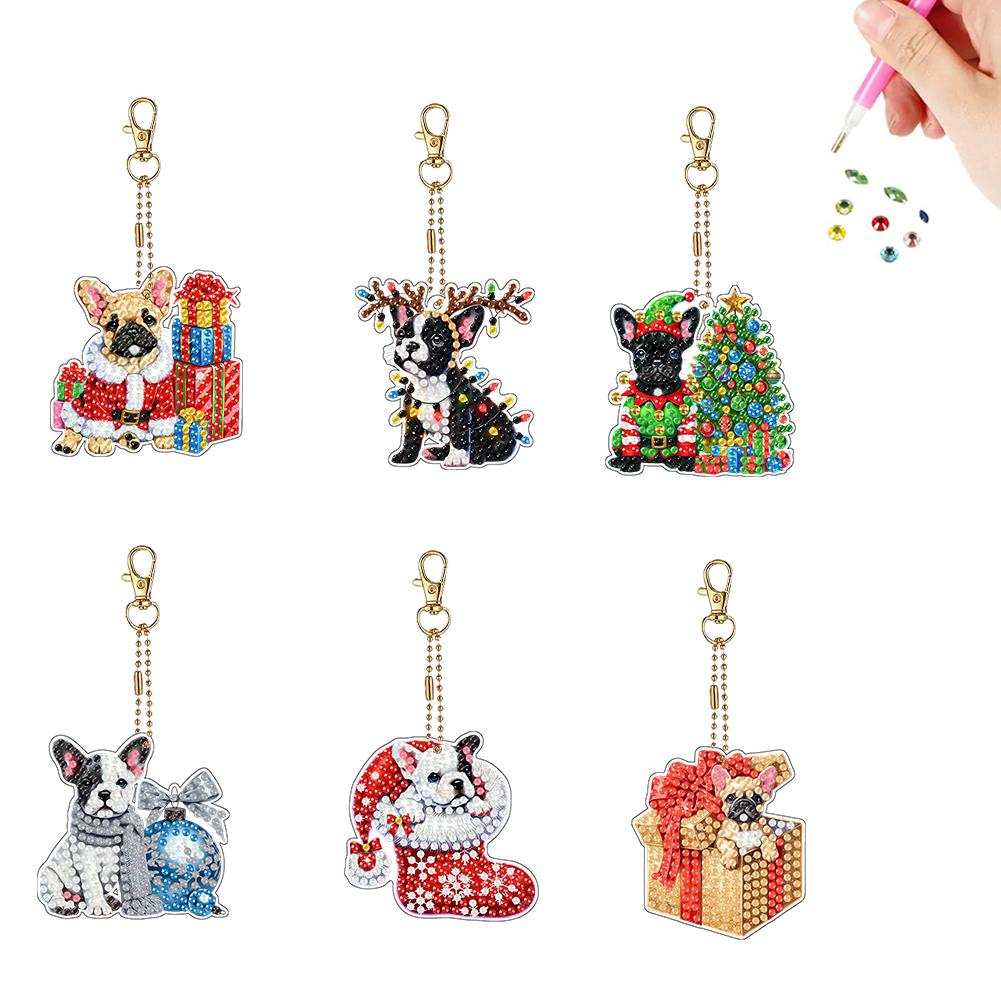6PCS 2D Flat DIY Diamond Painting Keychain Double Sided Drill Small Crystal Painting Keyrings Diamond Art Kits Gift for Friends
