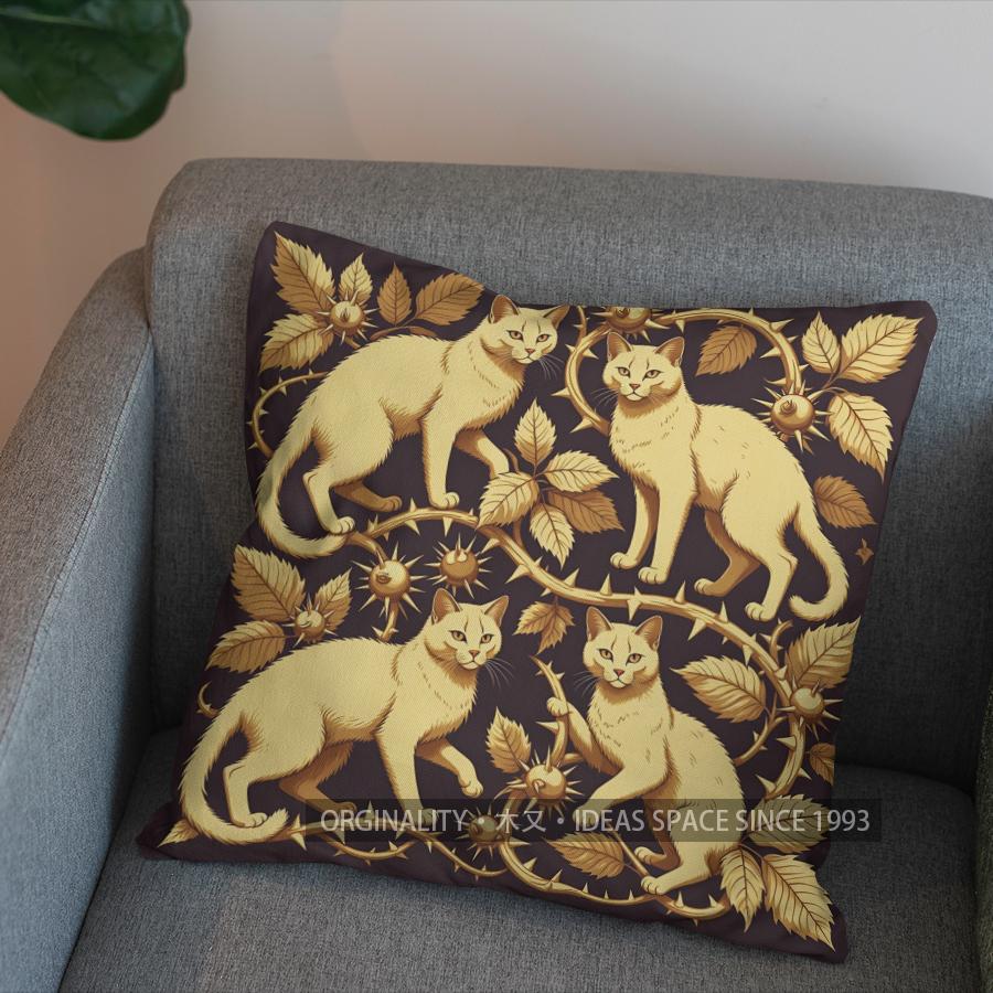 2D Golden Cat & Leaves Patterned Pillow Cover Pattern Cushion Cover Suitable For Sofa Bedroom Car Pillow Cover
