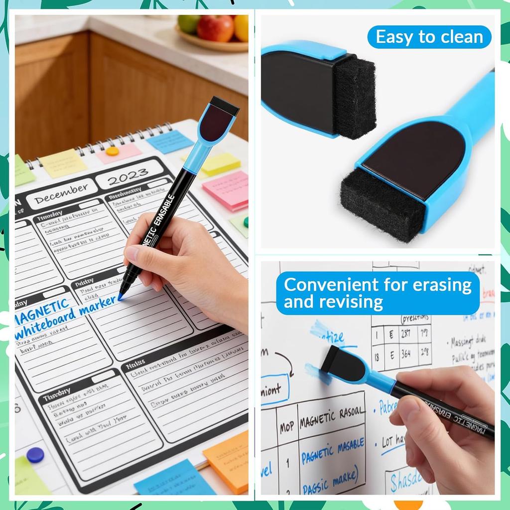 Dry Erase Markers, 12Pcs Colorful Magnetic Whiteboard Markers, 1mm Fine Tip Magnetic Dry Wipe Pens with Eraser Cap, Low Odor Thin Dry Erase Markers