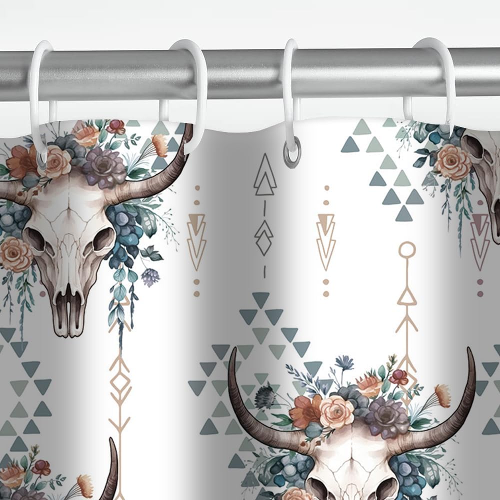 MEHOFOND Boho Western Cow Skull Shower Curtain - Bull Skull Flower Head - Farmhouse Country - Waterproof Fabric - 72x72 Inch