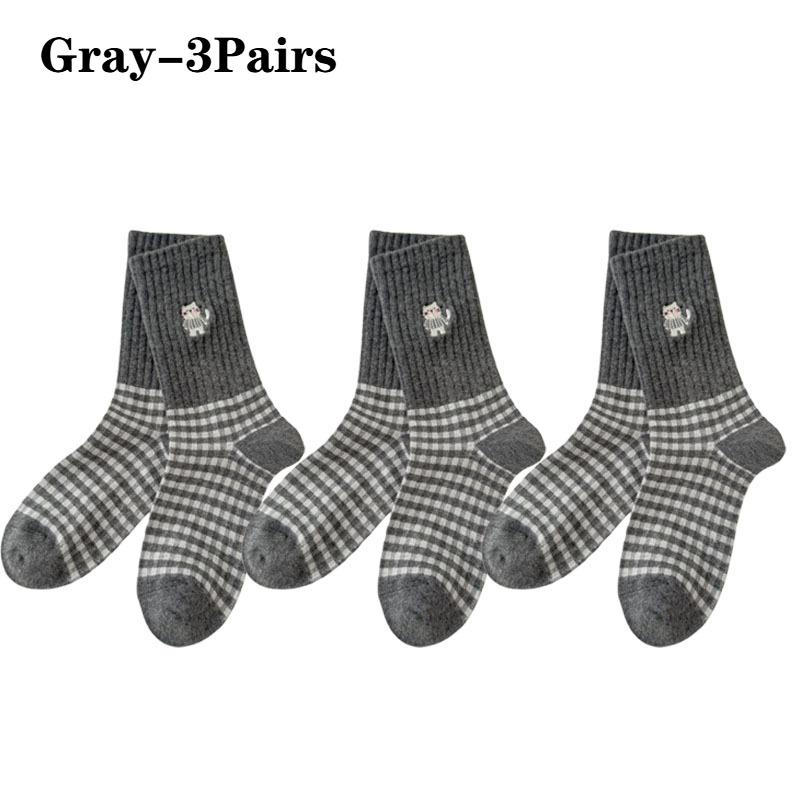 Damen Vintage KarosockenCartoon Katze BaumwolleMittelwade Lange Socken Grau Schwarz Weiß Frühling Herbst Freizeitsocken Damen Lange Socken