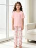 Girls Pajama Set, Cute Bow Print Short Sleeve Top & Plaid Pants, Soft Loungewear Sleepwear for 8-12Y