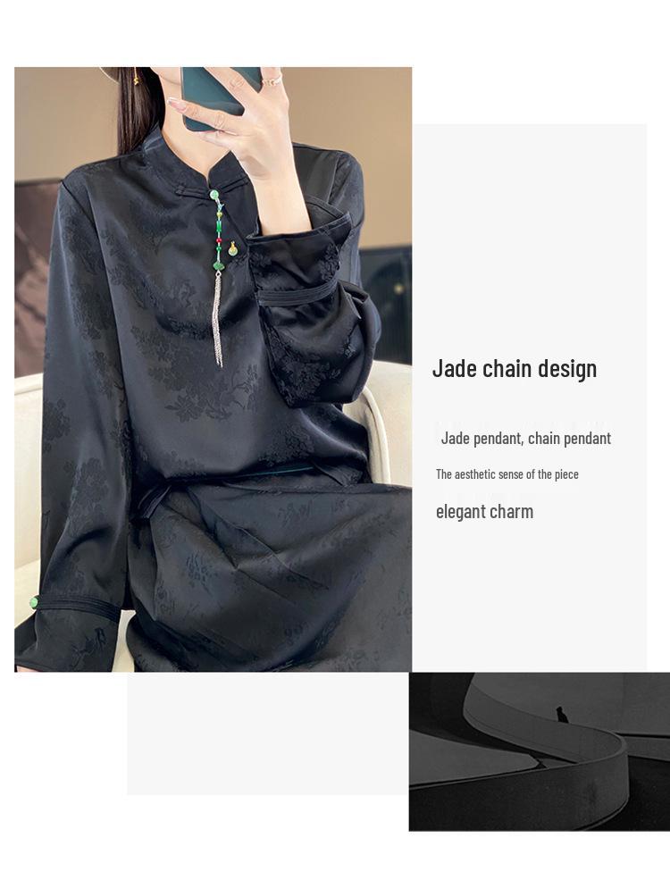 Silk Satin 2026 Spring/Summer Women's Floral Stand Collar Long Sleeve Top