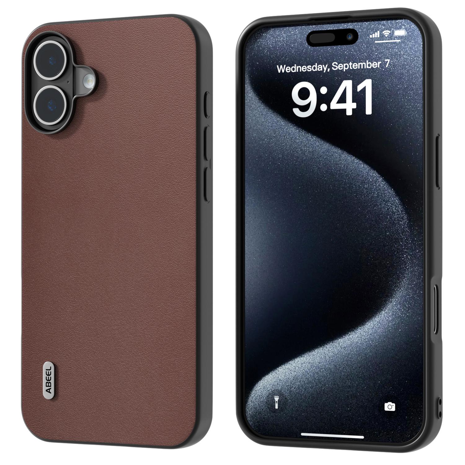 

ABEEL For iPhone 16 Case Genuine Cow Leather Coated PC+TPU Hybrid Phone Cover