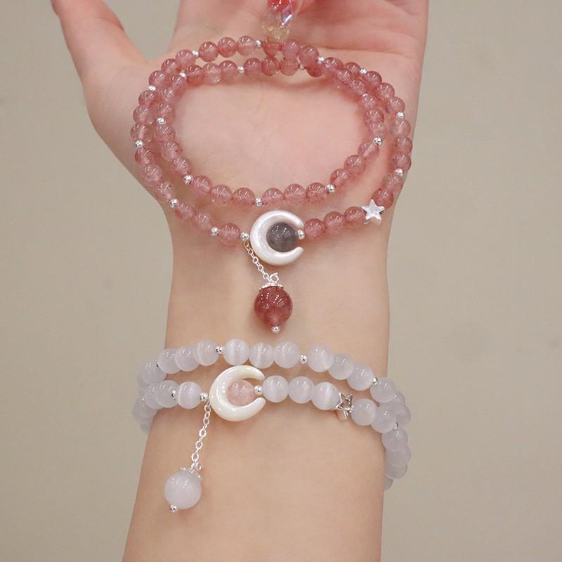 Moon River Cats Eye Strawberry Crystal Double Layer Bracelet Women