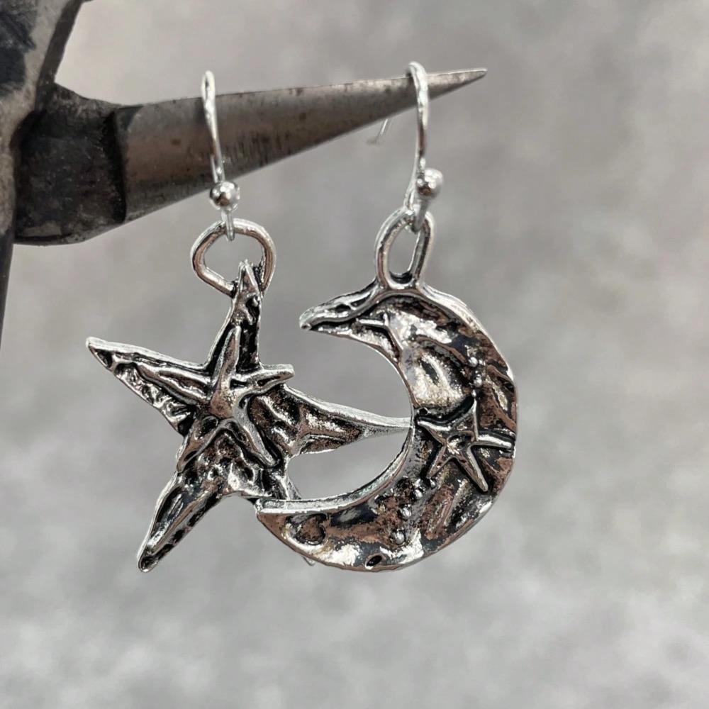 Retro Boho Moon And Star Silvery Dangle Earrings For Women Unique Daily Party Jewelry Birthday Anniversary Mother's Day Gift