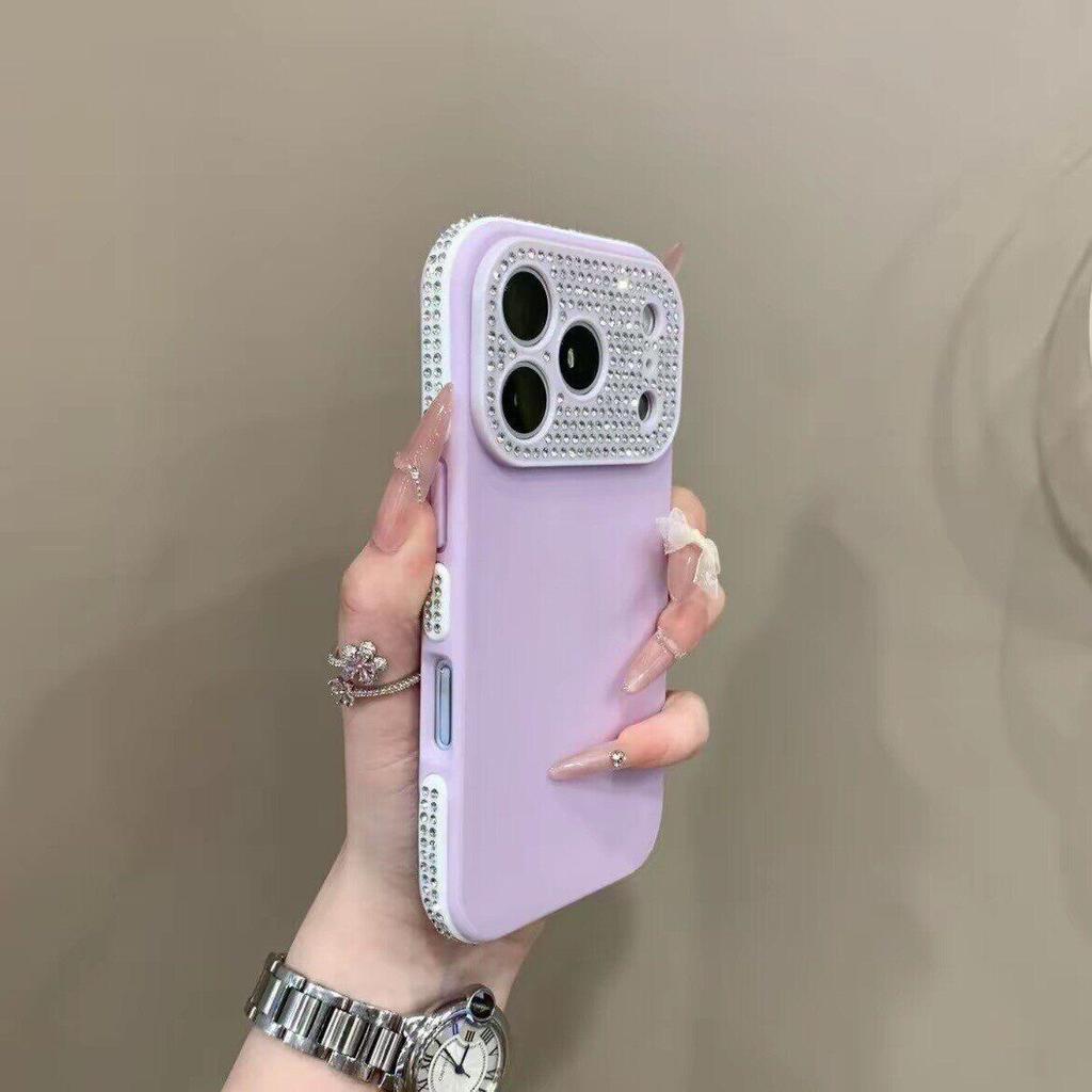 Compatible Apple 17 Pro Solid Color Rhinestone Lens Case for iPhone 16, Anti-fall Protective, Special Side Rhinestones.