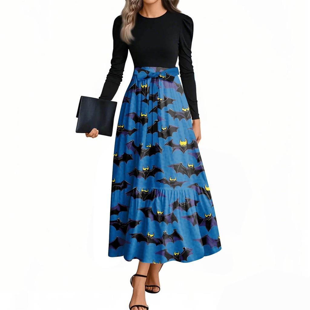 Women's Fashion Casual Belted Long Sleeve Round Neck Halloween Printed Elegant Temperament Dresses