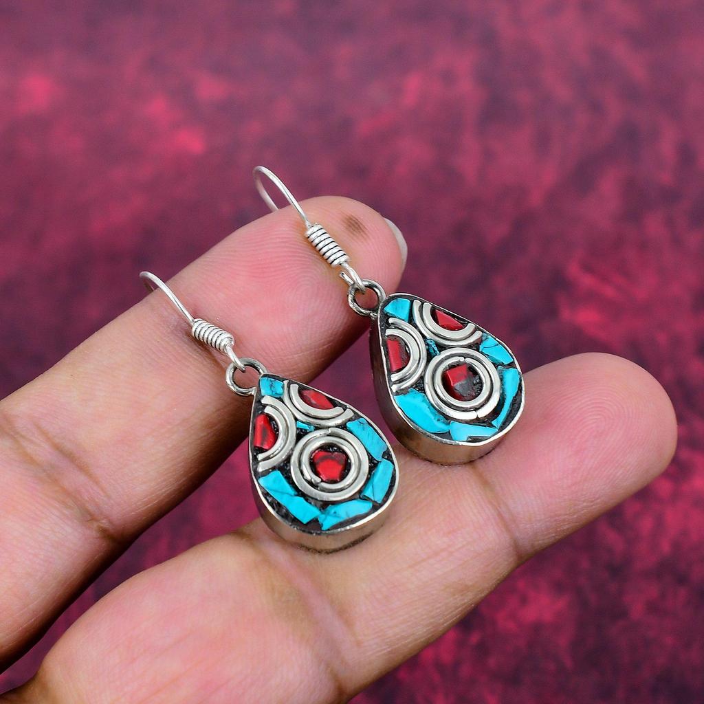 Cora & Turquoise 925 Solid Sterling Silver Earrings, Handmade Gemstone Nepali Earrings Jewelry, Gifts For Wife Brand New Earrings