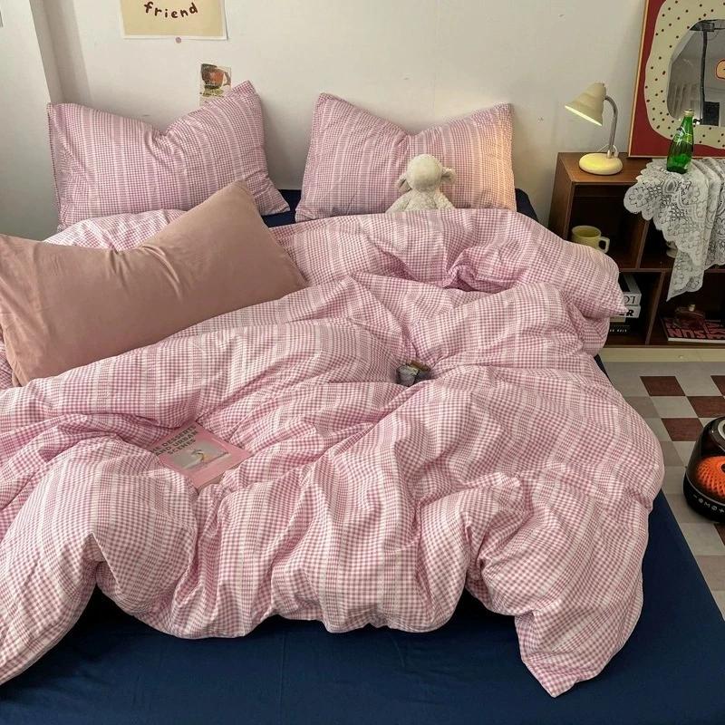 Christmas Style 3/4pcs Simple Plaid Bedding Set Skin-friendly Breathable Quilt Cover Machine Washable Home Bedroom Guest Room