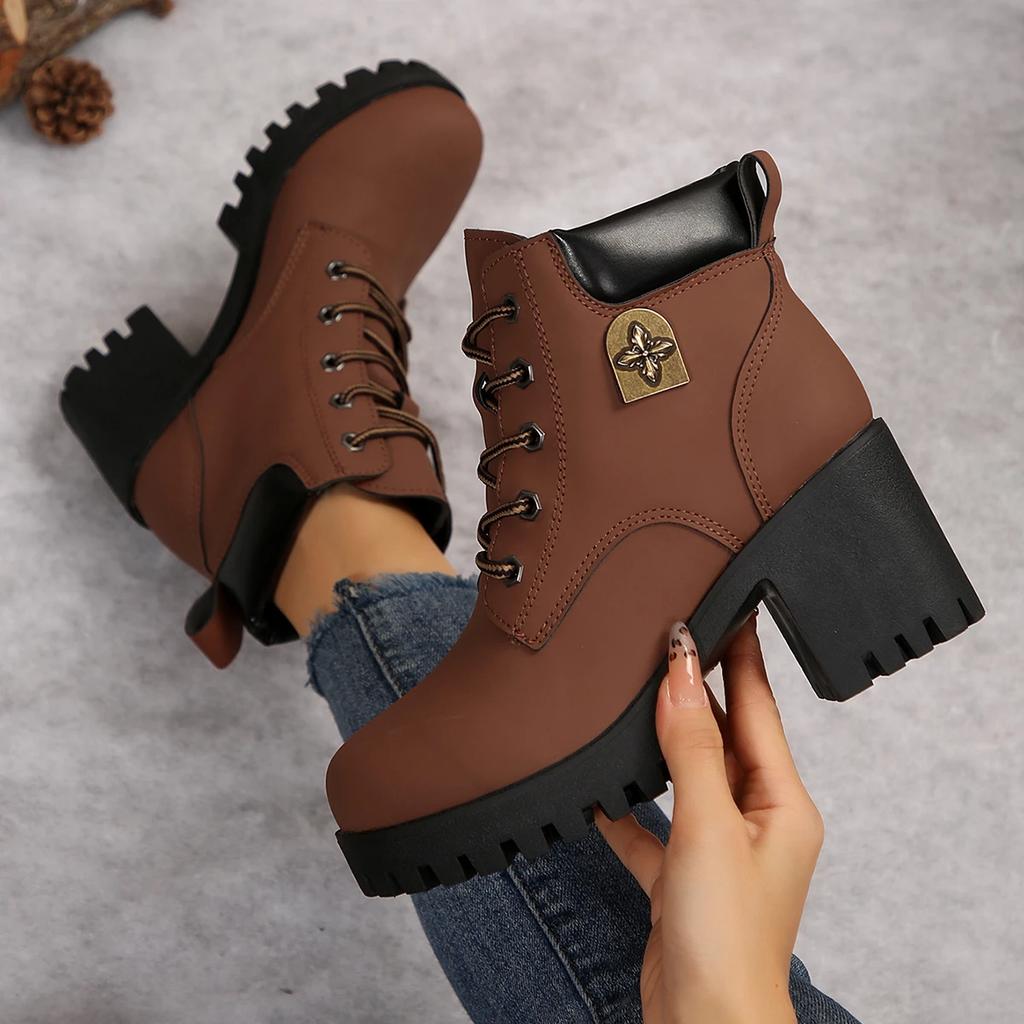 New Woman Ankle Boots Casual Comfortable Shoes Woman Autumn Round Toe Mid Calf Boots Chunky Patchwork Leather Boots Woman
