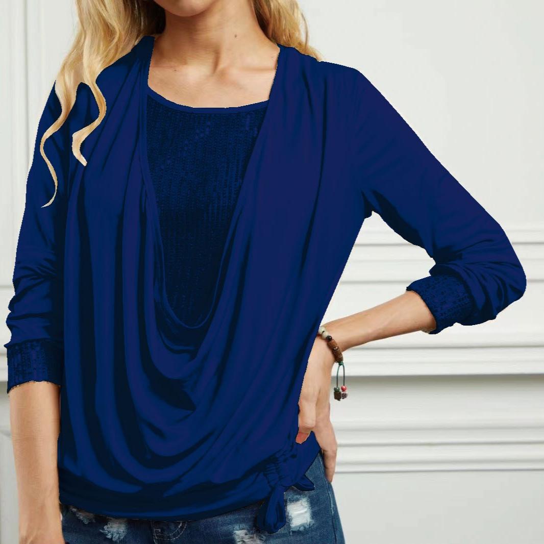 

Весенне-осенний женский топ с двумя складками, имитирующий накидку, с драпированным вырезом, пуловер с длинным рукавом S темно-синий