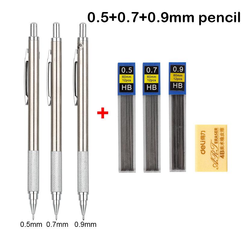 Full Metal Mechanical Pencil Set 0.3 0.5 0.7 0.9 1.3 2.0mm Art Drawing Automatic Pencil with Leads Office Kawaii School Supplies
