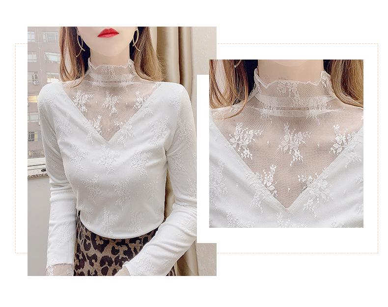 Trending Black Lace Base Layer Shirt - Autumn/Winter Plus Velvet Mesh Top for Layering with Sweaters