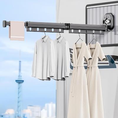 2 Section Retractable Folding Clothes Drying Rack Aluminum Alloy Balcony Window Space Saving Suction Cup Hanging Rack